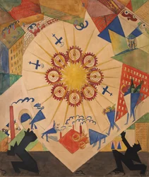 Det lovede land. Scenedesign for teaterstykket Mystery-Bouffe av Vladimir Mayakovsky, 1919.