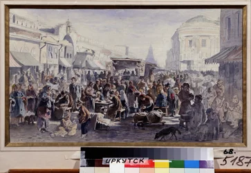 Loppemarkedet i Moskva (Russland) (The Second Hand Market In Moscow). Gatebilde, med karakterer i flekkete og lappede klær, noen spiser ved bordene foran en brakke, andre ser på varene som tilbys, atter andre gjemmer seg