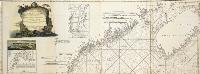 Et nytt og korrekt kart over kysten av New England og New York med de tilstøtende delene av Nova Scotia og New Brunswick fra Cape Sable til inngangen til Hudsons eller North River av kaptein Holland; utsikt over Hell Gate av WA Williams 1777 (innsatt); pla