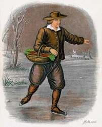 Nederlandsk mann på skøyter med en kurv med grønnsaker, 1809.