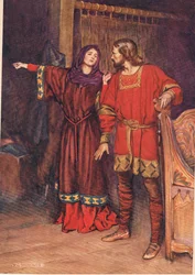 Gertrude avslører at Hamlet har drept Polonius, fra «Hamlet» av William Shakespeare, utgave utgitt av Hodder og Stoughton i 1915