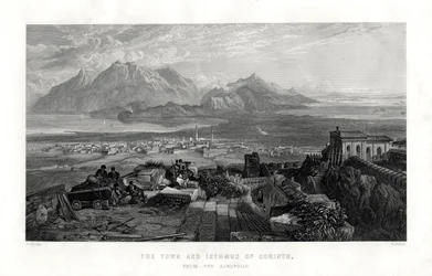Byen og isthmus av Korint fra Akropolis, Hellas, 1887