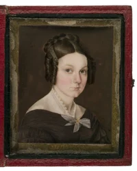 Miniatyrportrett av Sally Ann Gage, ca. 1837 (wc på elfenben, lær, kobberlegering og glass)