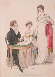 To kvinner og en mann iført hel aftenkjole, c1810