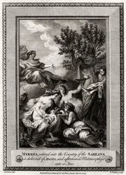Myrrha, trukket tilbake til Sabeernes land, blir levert av Adonis..., 1775