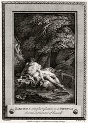 Narkissos forelsker seg i seg selv da han ser speilbildet sitt i en kilde, 1775