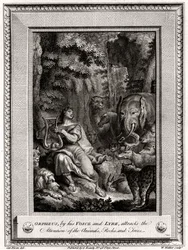 Orpheus, ved sin stemme og lyre, tiltrekker seg oppmerksomheten til Animals, Rocks and Trees, 1774.