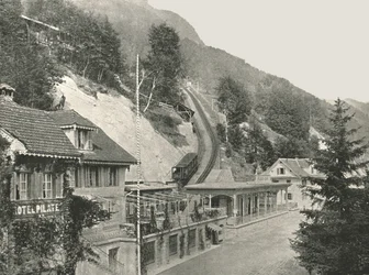 Utgangspunktet for Pilatus Railway, Alpnachstad, Sveits, 1895.