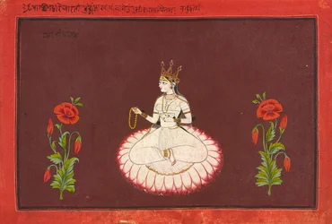 Saraswati, folio fra a Goddess-serien, ca. 1680-1700 (ugjennomsiktig akvarell og gull på papir)