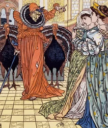 En hekses åpenbaring ledsaget av to påfugler, gravering etter en tegning av Walter Crane (1845-1915)
