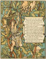 Jack som kommer ned fra Beanstalk fra Jack and the Beanstalk pub. 1875 fargelitografi, 1875.