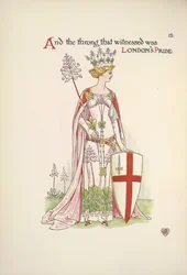 Londons stolthet. En ung kvinne som holder et skjold med korset til St. George