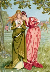Middelalderen: «Han elsker meg, han elsker meg ikke.» En ung jente plukker kronbladene fra en tusenfryd for å finne ut om mannen hun elsker elsker henne. Illustrasjon av Walter Crane (1845–1915). Privat samling.