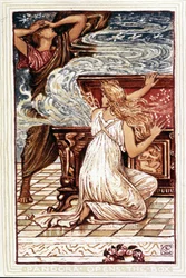 Pandora åpner esken. Illustrasjon av Walter Crane for "Wonder book for girls and boys", London 1893.