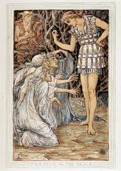Persee and the Graia (Beotie, Hellas) - Han møter tre gamle kvinner (hekser?) - i "" En vidunderbok for jenter og gutter"" av Walter Crane (1845-1915)