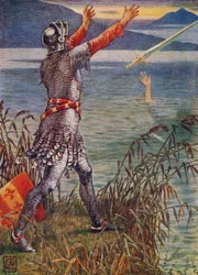 Sir Bedivere kaster sverdet Excalibur i innsjøen, 1911.
