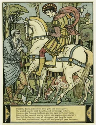 Prinsen spør om veibeskrivelse fra The Blue Beard Picture Book, pub. 1879 (farge litho)
