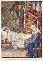 Heksen gir råd om Sir Tristrams sår, fra 'Stories of the Knights of the Round Table' av Henry Gilbert, første utgave, 1911