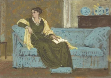 Kvinne sittende på en sofa, 1865-1915.