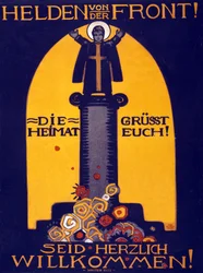 Tyske WWI-plakathelter fra fronten, hjemlandet hilser deg! Velkommen pub. 1915 (fargelitografi)