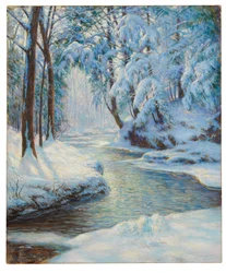 Bekk i et snødekt landskap, tidlig på 1900-tallet (olje på lerret)