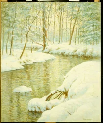 Winter Stream, Sunset Glow (olje på lerret)