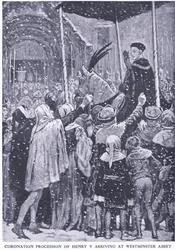 Henrik Vs kroningsprosesjon ankommer Westminster Abbey i 1413, fra Cassell