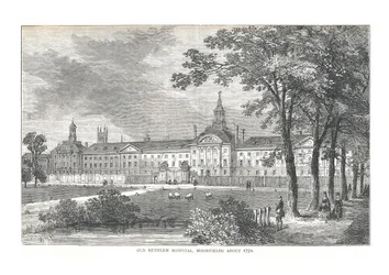 Det gamle Bethlem Hospital, Moorfields, omkring 1750, 1878.