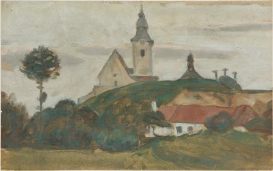 Landskap med kirke og landsby