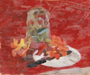 Stilleben med vannglass og blomster