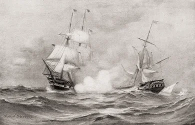 Kampen mellom USS Constitution og HMS Guerriere, under krigen i 1812, omtrent 400 miles sørøst for Halifax, Nova Scotia, fra The History of Our Country, publisert 1905