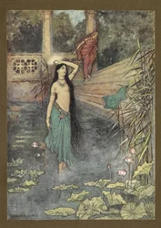 Frontispice: "Hun skyndte seg ut av palasset... og kom til den øvre verden." fra Folk-Tales of Bengal ... Med 32 illustrasjoner i farger av Warwick Goble (Edition de luxe.)