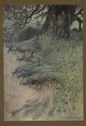 Plate 11: "Hundrevis av påfugler med praktfulle fjær kom til vollene for å spise khai", fra Folk-Tales of Bengal ... Med 32 fargeillustrasjoner av Warwick Goble. Luksusutgave.