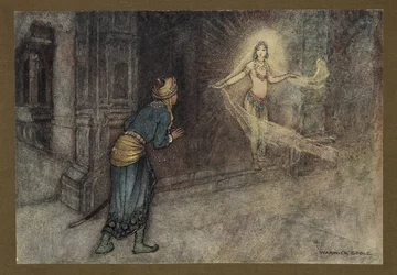 Plate 13: "He saw a beautiful woman coming out of the palace", from Folk-Tales of Bengal ... With 32 illustrations in colour by Warwick Goble (Edition de luxe.) 1914 (colour litho)   1352796   no       norwegian Successfully Translated  Original: Hagar in 