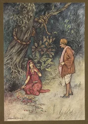 Plate 14: "Husband, take up all this large quant of gold and these precious stones", fra Folk-Tales of Bengal ... Med 32 illustrasjoner i farger av Warwick Goble (Edition de luxe)