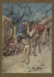 Plate 16: "Kameldriveren steg av, bandt kamelen til treet på stedet og begynte å røyke." Folk-Tales of Bengal ... Med 32 illustrasjoner i farger av Warwick Goble. (Edition de luxe.). 1914