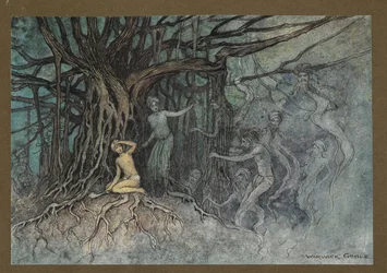 Plate 19: "I det øyeblikket det første slaget ble gitt, stormet mange spøkelser mot Brahman, fra "Folk-Tales of Bengal ... Med 32 illustrasjoner i farger av Warwick Goble (Edition de luxe.)