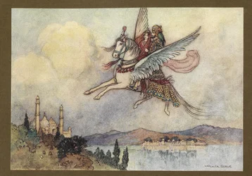 Plate 20: "Damen, kongen og hiramannen nådde alle kongens hovedstad i god behold", fra Folk-Tales of Bengal ... Med 32 illustrasjoner i farger av Warwick Goble (Edition de luxe.)