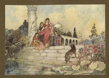 Plate 23: "Sjakalen ... åpnet bunten med betelblader, stakk noen inn i munnen og begynte å tygge dem", fra Folk-Tales of Bengal... Med 32 illustrasjoner i farger av Warwick Goble (Edition de luxe .)