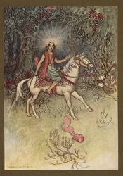 Plate 24: "A bright light, like that of the Moon, was see shining on his forehead", fra Folk-Tales of Bengal ... Med 32 illustrasjoner i farger av Warwick Goble (Edition de luxe)
