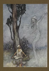 Plate 26: "Nå barber, jeg skal ødelegge deg. hvem vil beskytte deg?", fra Folk-Tales of Bengal ... Med 32 illustrasjoner i farger av Warwick Goble (Edition de luxe.)