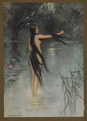 Plate 29: "Da hun kom opp av vannet, for en forandring ble det sett på henne!", fra Folk-Tales of Bengal ... Med 32 illustrasjoner i farger av Warwick Goble (Edition de luxe.). 1914