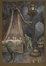 Plate 3: "He hashed out of his hiding-place and killed the serpent", fra Folk-Tales of Bengal ... Med 32 illustrasjoner i farger av Warwick Goble. (Edition de luxe)