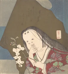 Otafuku holder en gren av doble hvite kirsebærblomster, ca. 1840.