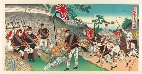 Japanske tropper fanger våpen etterlatt av den flyktende fienden Shingun haisô gunki bundori no zu (tittel på objekt)