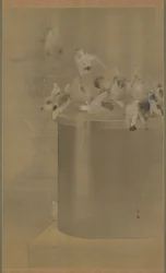 Duer ved Senjoji (Asakusa Kannon Temple) Meiji Era, 1877 (blekk og farge på silke)