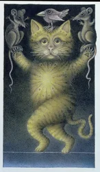 Katt på line, balanserende med fugl og mus (blyant og fargestift på papir)