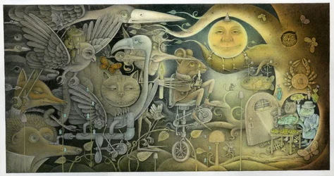 Skapninger dukket opp fra mørket, 2010 (blandet teknikk på kunstplate)