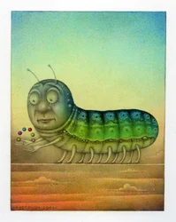 Sjonglering med larve, 2003 (blandet teknikk på kunstplate)