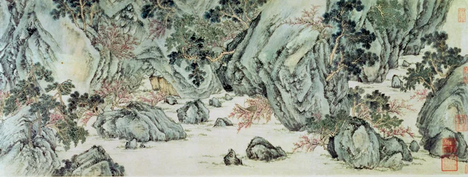 The Journey to the "Land of the Immortals" detalj av "The Peach Blossom Spring" fra et dikt med tittelen "Tao Yuan Bi Jing" av Wang Wei